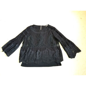 Womens Top-SOFT SURROUNDINGS-black rayon lined embroidered/crocheted bell ls-XL